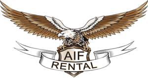 American-Industrial-Fence-Standalone-Color Logo of "AIF Rental" featuring an eagle with outspread wings over a shield encircled by a white ribbon with the company name.