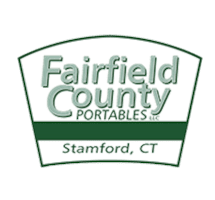 Fairfield-Solo Logo of Fairfield County Portables, featuring green and white text with the location Atamford, CT below, encased in a stylized design
