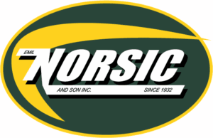 Norsic-Standalone Norsic logo, featuring bold white text on a green background, encapsulated within an elliptical yellow border