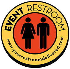 Throne-to-Go-Standalone-Color Round sign with the text "EVENT RESTROOM" at the top and "www.yourrestroomdelivered.com" at the bottom. Features pictograms of a man and woman in the center against a black background within a yellow border