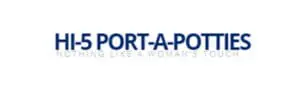 Logo of "Hi-5 Port-a-Potties" featuring blue text with the tagline "Nothing like a woman's touch" below in smaller font
