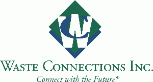 wc_logo_1 Waste Connections Inc. logo, featuring a stylized green and blue diamond-shaped emblem with a white letter "W" at the center, above the company name and slogan "Connect with the Future"