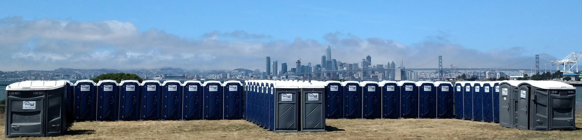 many many porta potties set up at an outdoor event