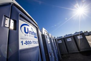 two rows of blue portable toilets with "United Site Services" logo lined up outdoors in a daytime setting