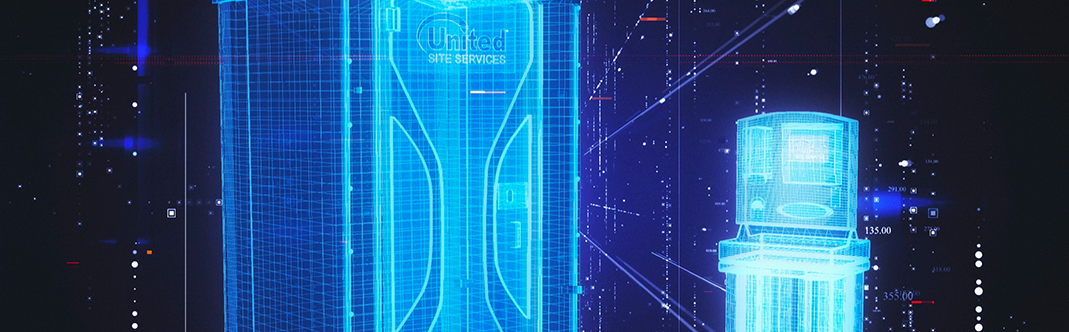 Futuristic digital illustration of a porta potty and hand sanitizer station featuring neon blue holographic projections of a cybernetic interface against a dark background with floating digital particles