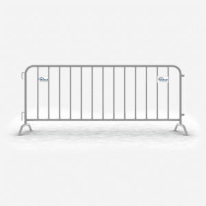 A portable metal barricade with vertical bars and two stabilizing feet at each end