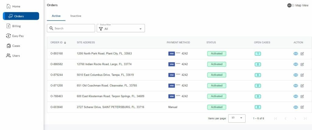 Screenshot of the MySiteServices Order Management dashboard on desktop, showing active and inactive orders with options to change quantities, modify service frequency, and request pickups